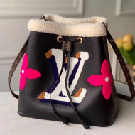 Louis Vuitton NéoNoé MM Bucket Bag in Leather and Monogram Shearling Wool M56963 Black 2020