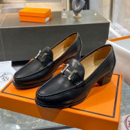 Hermes Paris Calfskin Loafers Pumps with H Buckle Black 2020