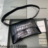 Balenciaga Hourglass Sling Back Large Bag in Shiny Crocodile Embossed Leather All Black 2021