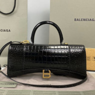 Balenciaga Hourglass Streched Top Handle Bag in Shiny Crocodile Calfskin 92945 Black/Gold 2021