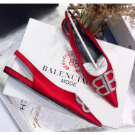 Balenciaga Crystal BB Flat Slingback Ballerina in Stretch Satin Red 2020