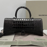 Balenciaga Hourglass Streched Top Handle Bag in Shiny Crocodile Calfskin 92945 All Black 2021