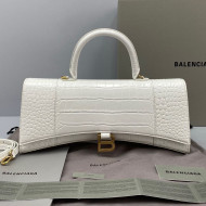 Balenciaga Hourglass Streched Top Handle Bag in Shiny Crocodile Calfskin 92945 White 2021