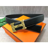 Hermes Lizard Embossed Calfskin Belt 3.8cm with H Buckle Black/Gold 2021