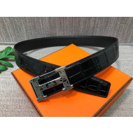 Hermes Crocodile Embossed Calfskin Belt 3.8cm with H Buckle Black/Silver 2021