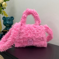 Balenciaga Hourglass Mini Top Handle Bag in Pink Rabbit Fur 2021