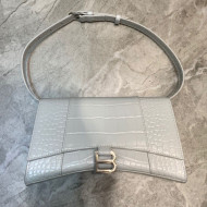 Balenciaga Hourglass Sling Shoulder Bag in White Shiny Crocodile Embossed Calfskin 2020