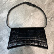 Balenciaga Hourglass Sling Shoulder Bag in All Black Shiny Crocodile Embossed Calfskin 2020