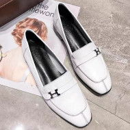 Hermes Calfskin Side H Buckle Flat Loafer White 2019