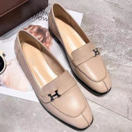 Hermes Calfskin Side H Buckle Flat Loafer Nude 2019