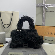 Balenciaga Hourglass Small Top Handle Bag in Black Rabbit Fur 2021