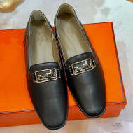 Hermes Vincennes Calfskin Flat Loafers Black 2019