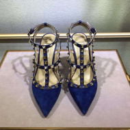 Valentino Rockstud Suede Ankle Heel Sandals Blue