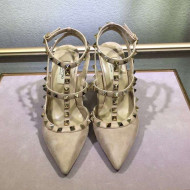 Valentino Rockstud Suede Ankle Heel Sandals Nude