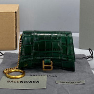 Balenciaga Hourglass Card Case with Chain in Green Shiny Crocodile Embossed Calfskin 2021 92789 