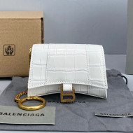 Balenciaga Hourglass Card Case with Chain in White Shiny Crocodile Embossed Calfskin 2021 92789 