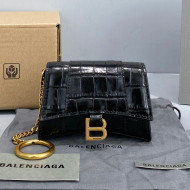 Balenciaga Hourglass Card Case with Chain in Black Shiny Crocodile Embossed Calfskin 2021 92789 