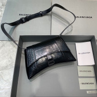 Balenciaga Hourglass Sling Back Small Bag in Crocodile Embossed Leather All Black 2021 180609