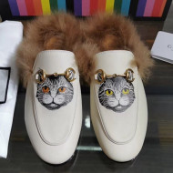 Gucci Princetown Calfskin Wool Slipper with Mystic Cat Print White 2019