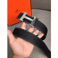 Hermes Litchi Grained Calfskin Belt 4 cm with H Buckle Black 2021 02