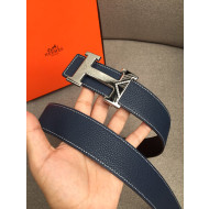 Hermes Litchi Grained Calfskin Belt 4 cm with H Buckle Navy Blue 2021