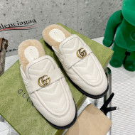 Gucci Leather Shearling Slippers with Double G White 2021 111629