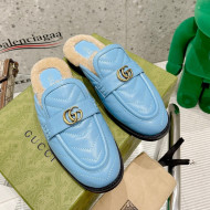 Gucci Leather Shearling Slippers with Double G Blue 2021 111633