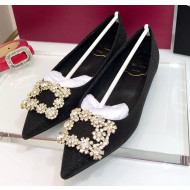 Roger Vivier Flower Strass Buckle Ballerinas in Glitter Fabric Black 2020