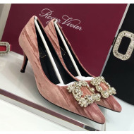 Roger Vivier Strips Velvet Flower Strass Pumps With 7cm Heel Pink 2020