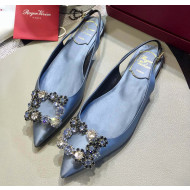 Roger Vivier Flower Strass Buckle Sling Back Ballerinas in Silk Satin Light Blue 2020