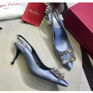 Roger Vivier Silk Flower Strass Buckle Sling Back Pump With 7cm Heel Light Blue 2020