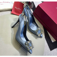 Roger Vivier Silk Flower Strass Buckle Sling Back Pump With 10cm Heel Light Blue 2020