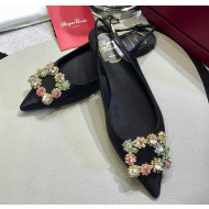 Roger Vivier Silk Flower Strass Buckle Sling Back Ballerinas in Black 2020