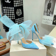 Jimmy Choo Suede High Heel Pumps 10cm with Large Mesh Bow Sky Blue 2022