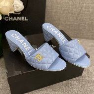 Chanel Quilted Lambskin Heel Slide Sandals 6cm G38820 Light Blue 2022