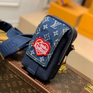 Louis Vuitton Monogram Denim and Leather Flap Double Phone Pouch M81060 Blue 2022