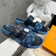 Louis Vuitton Bom Dia Denim Flat Slide Sandals Dark Blue/Black 2022