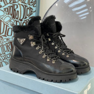 Prada Brixxen Brush Leather and Nylon Lace-ups Boots Black 2021 