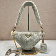  Prada Signaux Shearling Triangle Pouch Bag Grey 2023