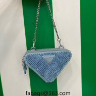 Prada Triangle Crystal Embellished Satin and Leather Mini Pouch 1NR015 Blue 2023