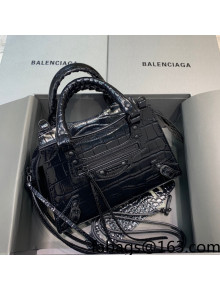 Balenciaga Neo Classic Mini Bag in Shiny Crocodile Embossed Leather All Black 2021 638512