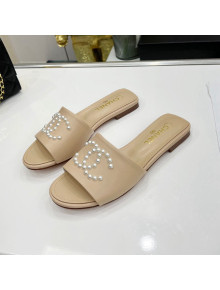 Chanel Pearly CC Leather Flat Slide Sandals Beige 2022