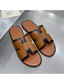 Hermes Men's Izmir Smooth Leather Flat Slide Sandals Brown/Black 2021 52