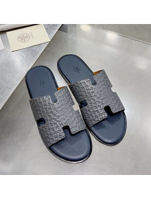 Hermes Men's Izmir H-Embossed Leather Flat Slide Sandals Grey 2021 53