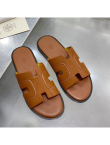 Hermes Men's Izmir Stitching Leather Flat Slide Sandals Brown 2021 55