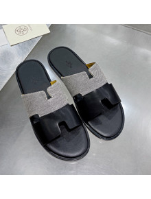 Hermes Men's Izmir Patchwork Flat Slide Sandals Black Leather/Grey Canvas 2021 58