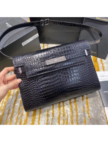 Saint Laurent Manhattan Shoulder Bag in Crocodile Embossed Shiny Leather 579271 Black/Silver 2020