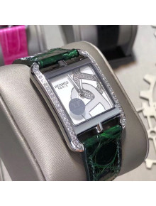 Hermes Cape Cod Crocodile Embossed Leather Crystal Square Watch Green 2019