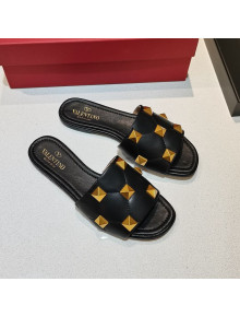 Valentino Roman Stud Flat Slide Sandals in Quilted Nappa Lambskin Black 2021