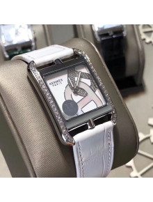 Hermes Cape Cod Crocodile Embossed Leather Crystal Square Watch White 2019